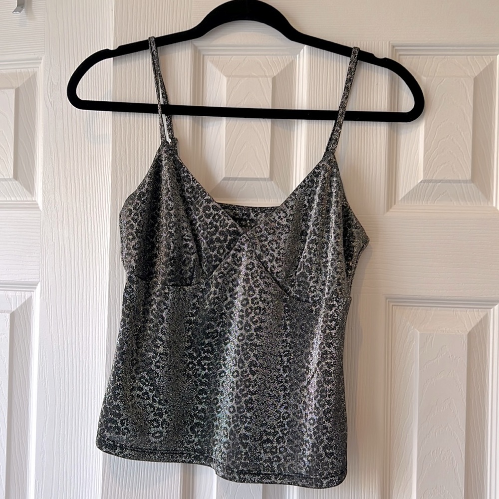 Shimmer adjustable strap silver leopard top